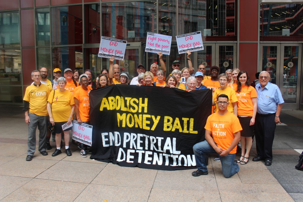 Southminster Faith in Action team members join with other CRS members to help abolish the unfair use of money bond in Illinois.